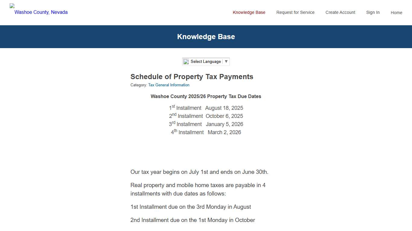 Schedule of Property Tax Payments - Washoe County, NV